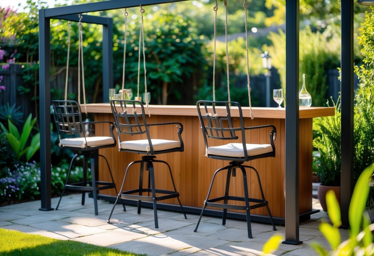 21+ Outdoor Bar Garden Ideas: Stylish Setups to Elevate Your Backyard Entertaining 13 Outdoor garden bar with three swing seat bar stools hanging from an overhead frame next to a wooden bar counter surrounded by plants.