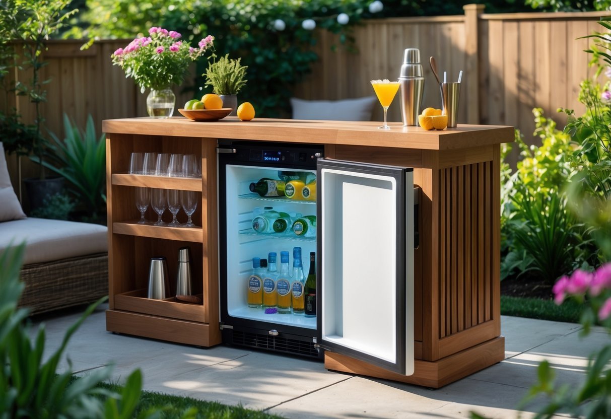 21+ Outdoor Bar Garden Ideas: Stylish Setups to Elevate Your Backyard Entertaining 14 Outdoor garden bar area with a mini fridge built into a wooden storage cabinet surrounded by plants and bar accessories.