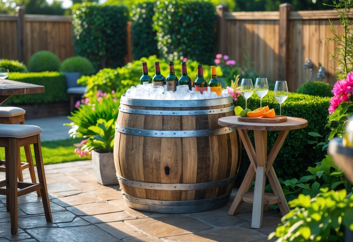 21+ Outdoor Bar Garden Ideas: Stylish Setups to Elevate Your Backyard Entertaining 15 Outdoor garden bar with a wooden wine barrel cooler filled with ice and bottles, surrounded by plants and garden furniture.