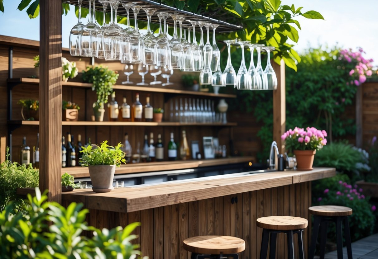 21+ Outdoor Bar Garden Ideas: Stylish Setups to Elevate Your Backyard Entertaining 16 Outdoor garden bar with hanging glass racks and wooden shelving surrounded by plants.