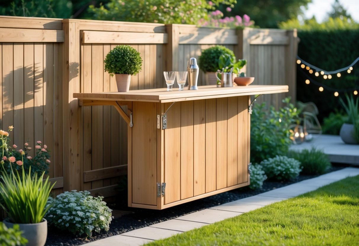 21+ Outdoor Bar Garden Ideas: Stylish Setups to Elevate Your Backyard Entertaining 17 Fold-down wall-mounted wooden bar set up outdoors in a garden with plants and greenery around it.