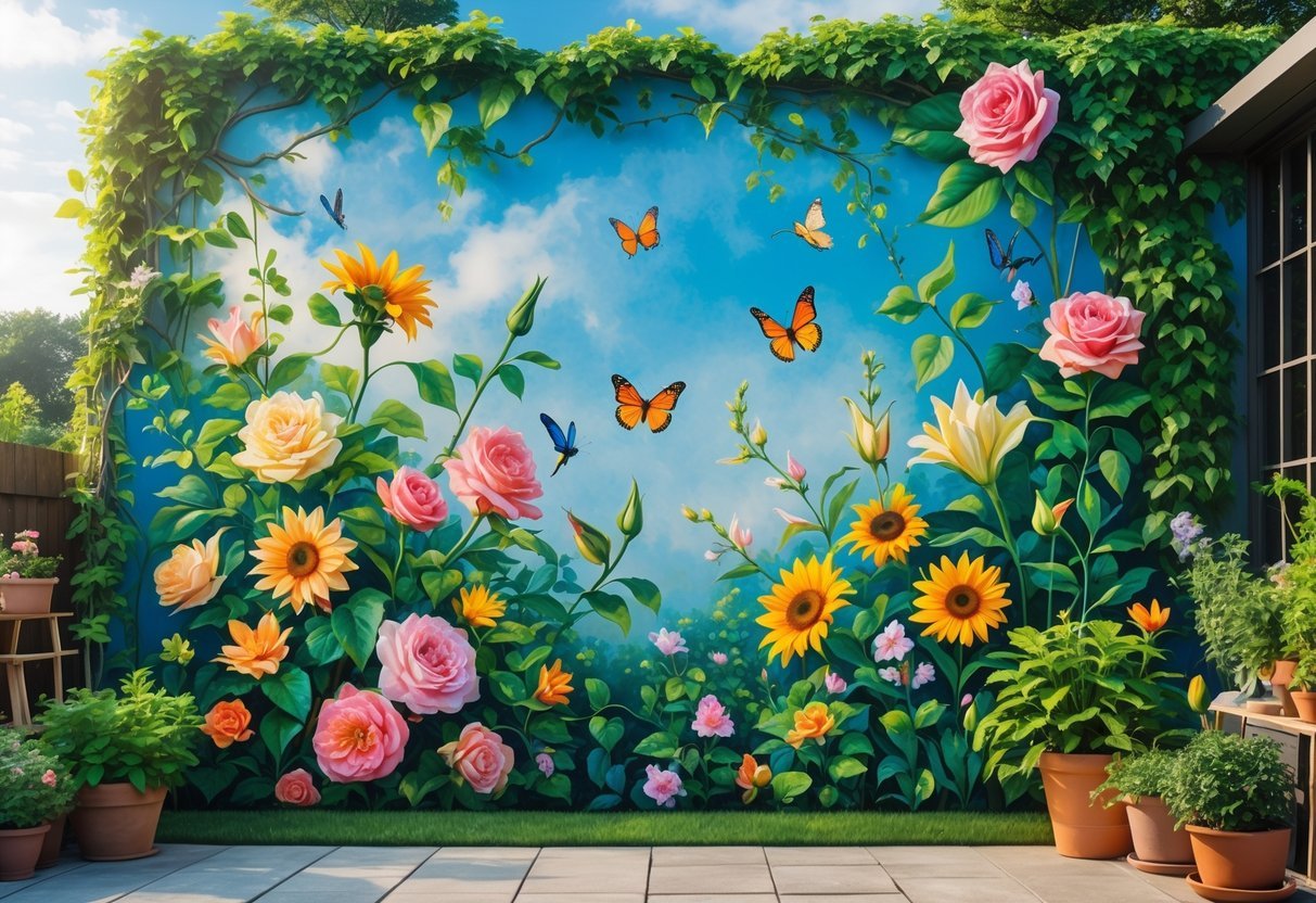 17+ Garden Mural Ideas: Stunning Designs to Transform Your US Backyard 2 A colorful garden mural on an outdoor wall featuring flowers, butterflies, and birds with plants around it.