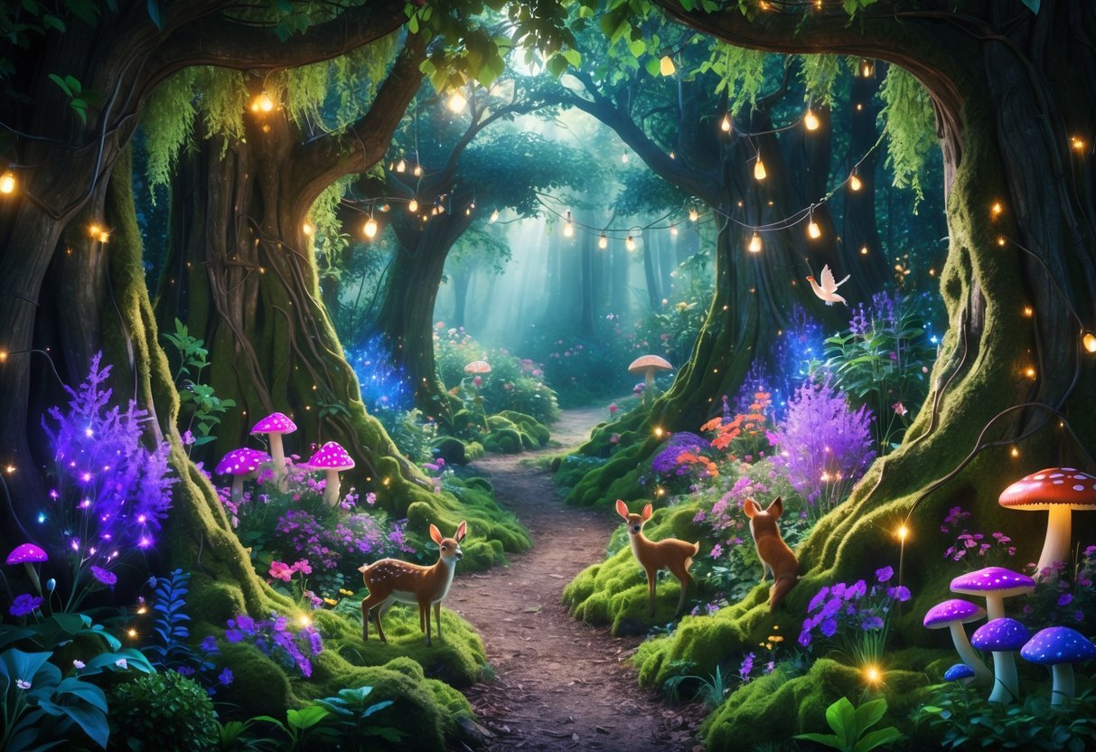 17+ Garden Mural Ideas: Stunning Designs to Transform Your US Backyard 3 A vibrant mural depicting an enchanted forest garden with tall trees, colorful flowers, glowing mushrooms, and small woodland animals along a sunlit path.