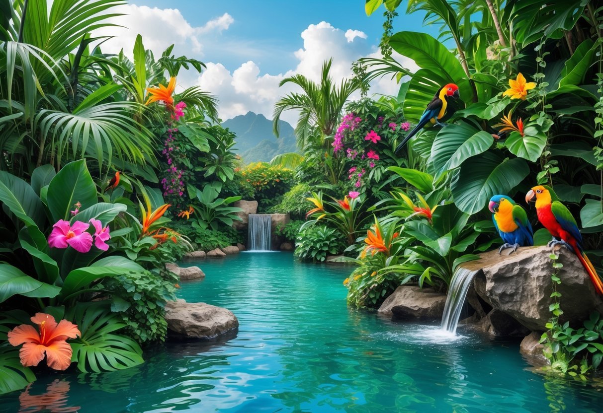 17+ Garden Mural Ideas: Stunning Designs to Transform Your US Backyard 4 A detailed tropical garden mural with green palm leaves, colorful flowers, a turquoise lagoon with a waterfall, and tropical birds perched on branches.