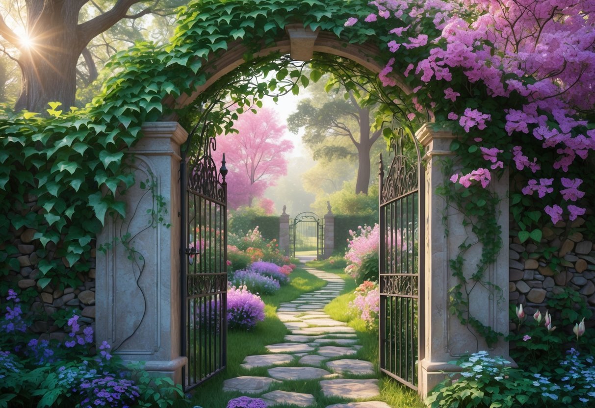 17+ Garden Mural Ideas: Stunning Designs to Transform Your US Backyard 5 A mural of a decorative garden gate surrounded by flowering vines and greenery, revealing a path leading into a lush garden.