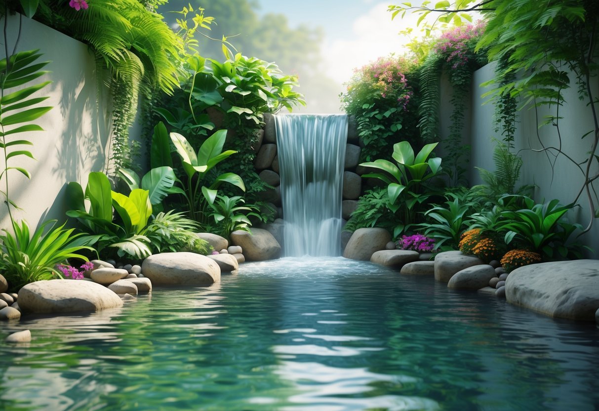 17+ Garden Mural Ideas: Stunning Designs to Transform Your US Backyard 6 A mural depicting a waterfall flowing into a pool surrounded by tropical plants and rocks in a garden setting.