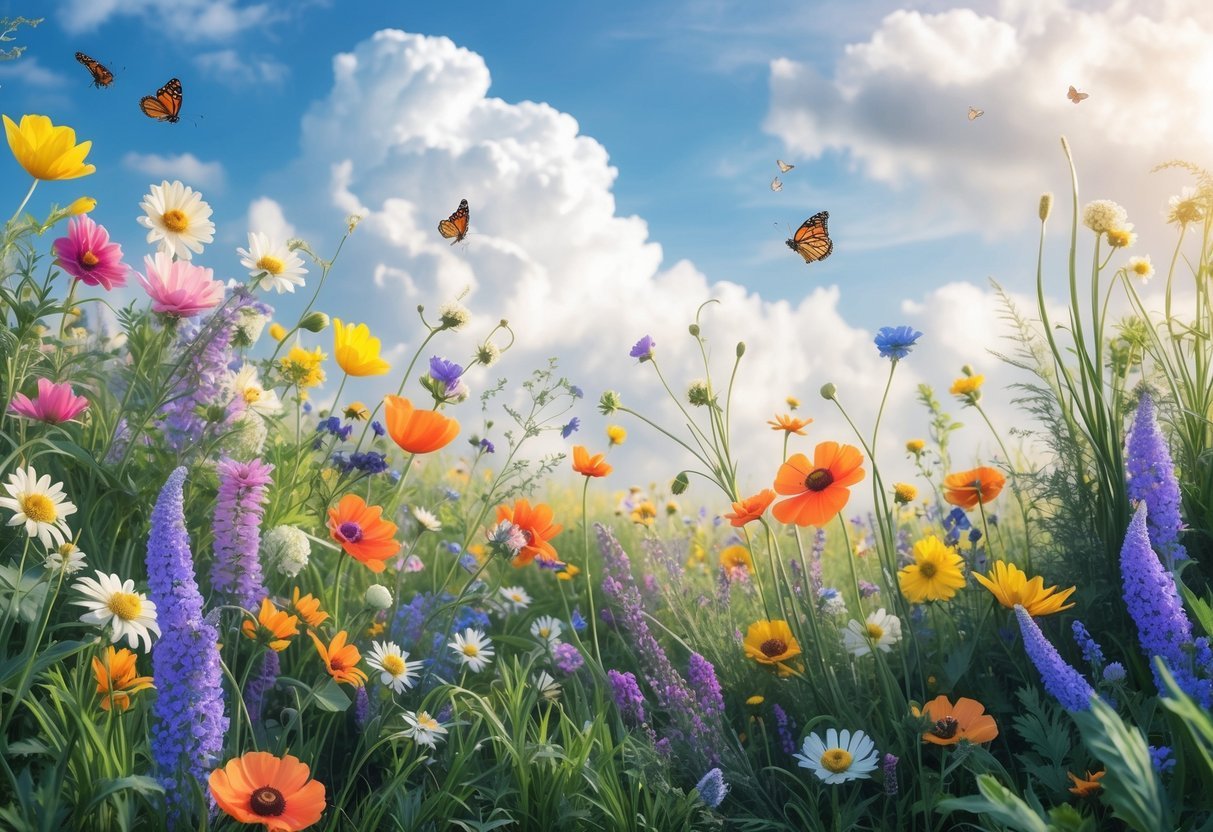 17+ Garden Mural Ideas: Stunning Designs to Transform Your US Backyard 7 A colorful wildflower meadow with various flowers, butterflies, and bees under a blue sky with clouds.