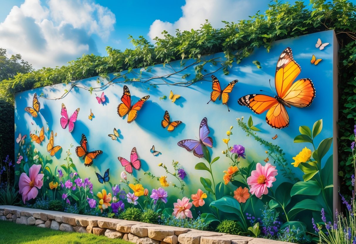 17+ Garden Mural Ideas: Stunning Designs to Transform Your US Backyard 8 A garden wall mural showing colorful butterflies flying among flowers and green plants under a blue sky.