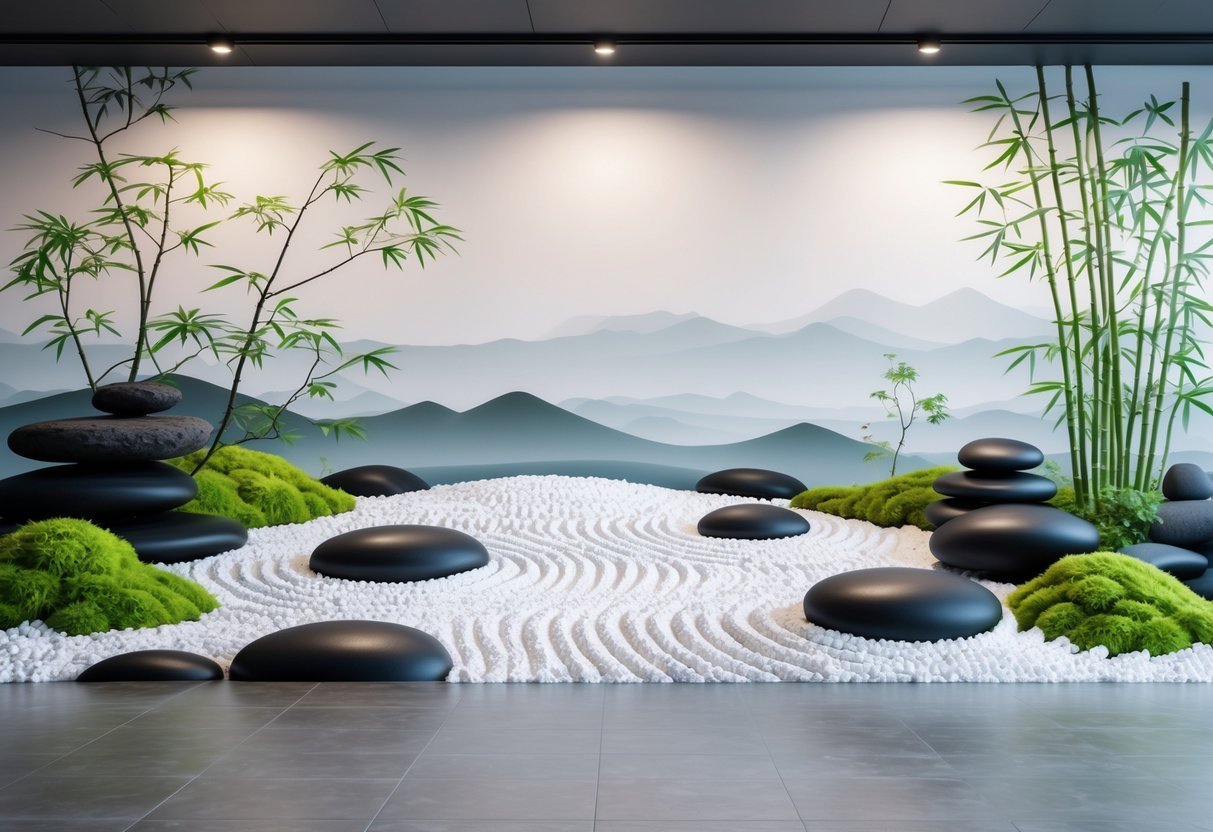 17+ Garden Mural Ideas: Stunning Designs to Transform Your US Backyard 9 A peaceful Japanese Zen garden mural showing gravel patterns, stones, moss, bamboo, and distant mountains on a wall.