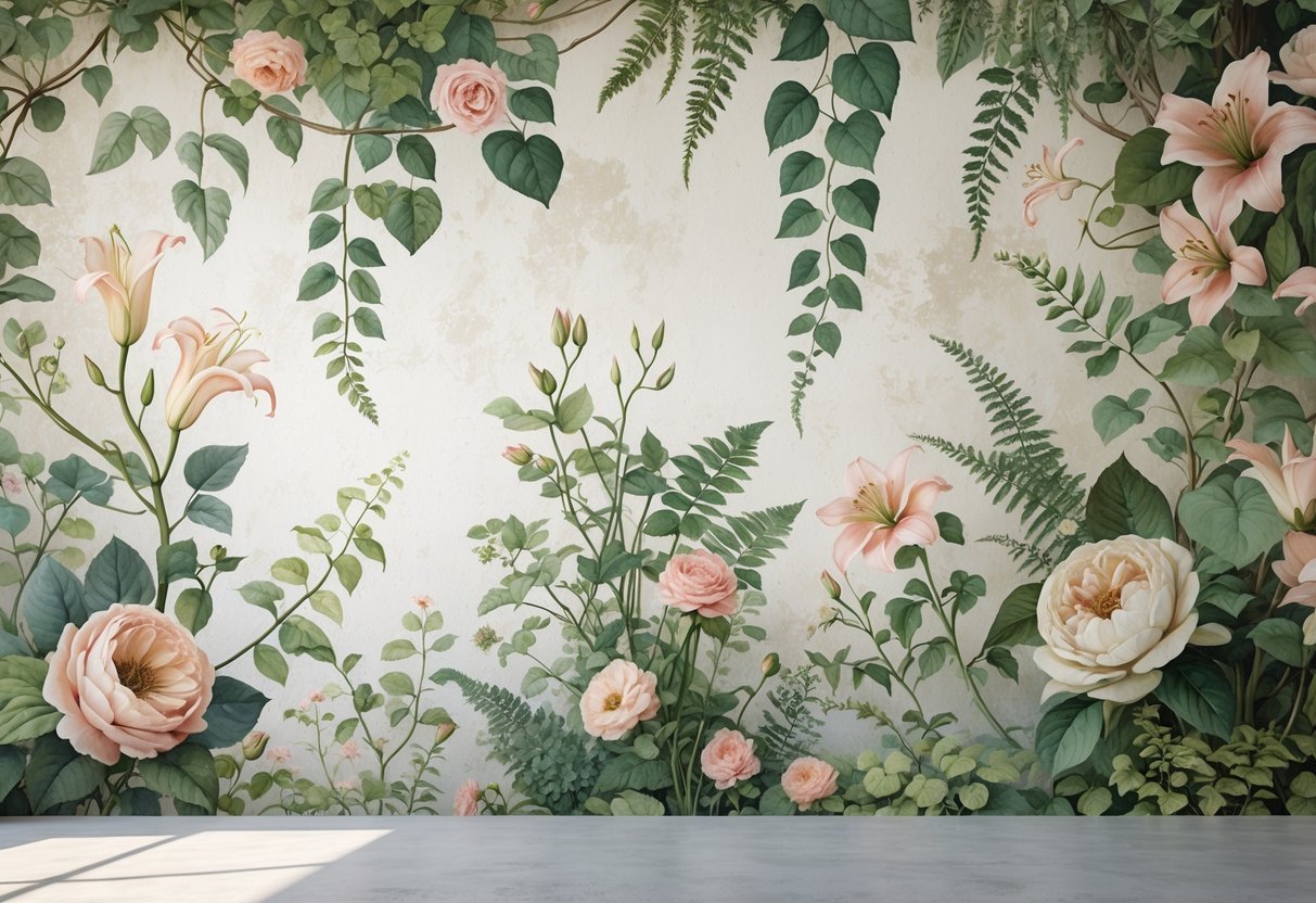17+ Garden Mural Ideas: Stunning Designs to Transform Your US Backyard 10 A large mural on a wall depicting detailed illustrations of various plants and flowers in soft natural colors.