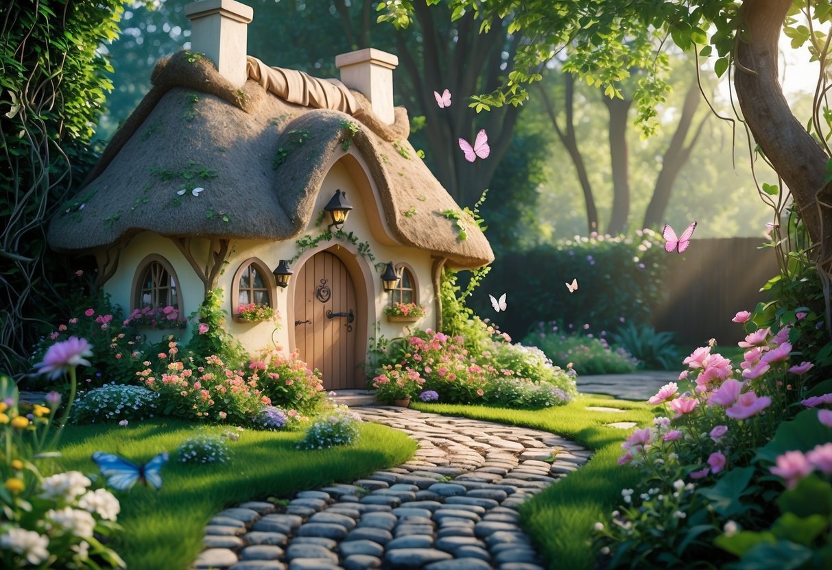 17+ Garden Mural Ideas: Stunning Designs to Transform Your US Backyard 11 A colorful garden mural showing a fairy tale cottage surrounded by flowers, trees, and butterflies.