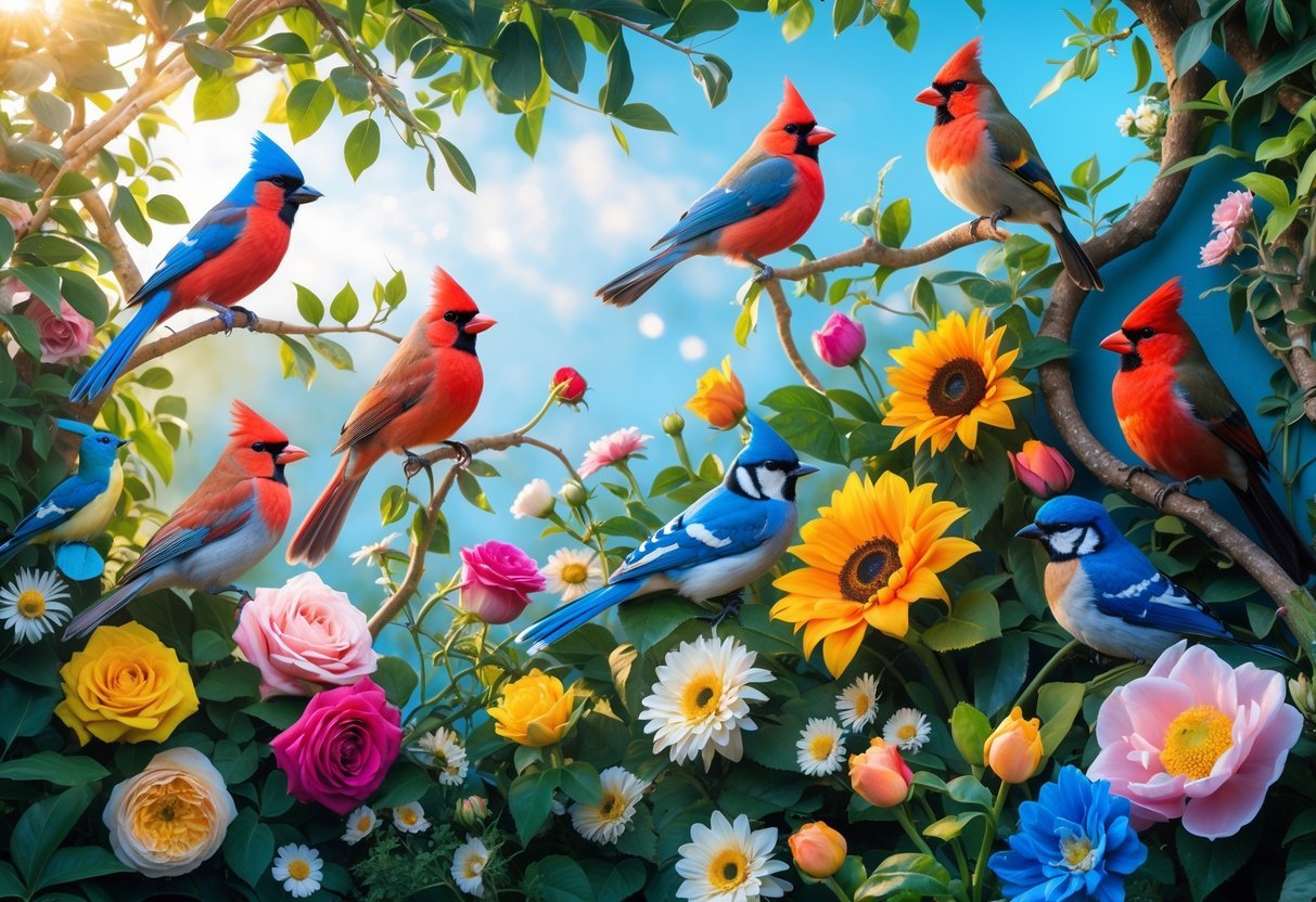 17+ Garden Mural Ideas: Stunning Designs to Transform Your US Backyard 12 A colorful garden mural featuring various birds perched among blooming flowers and lush green foliage.