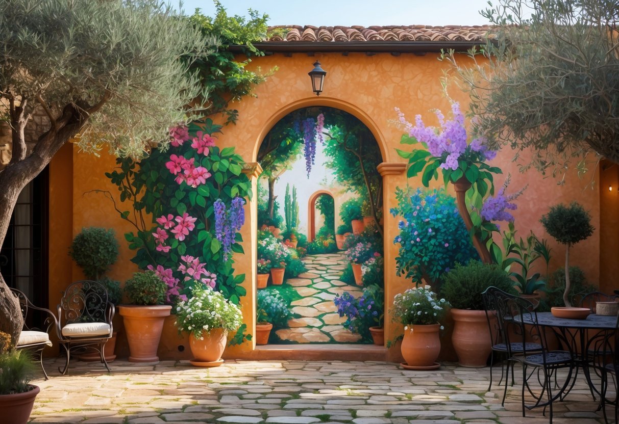 17+ Garden Mural Ideas: Stunning Designs to Transform Your US Backyard 13 A Mediterranean courtyard with a garden mural on a stucco wall, surrounded by plants, terracotta pots, and wrought iron furniture.