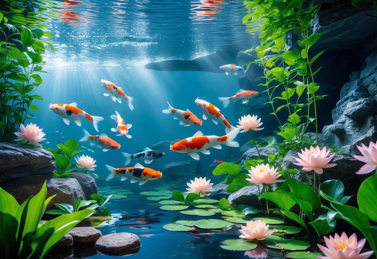 17+ Garden Mural Ideas: Stunning Designs to Transform Your US Backyard 14 Underwater garden scene with colorful koi fish swimming among aquatic plants and water lilies.