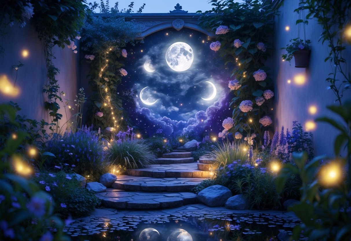 17+ Garden Mural Ideas: Stunning Designs to Transform Your US Backyard 15 A peaceful garden at night illuminated by moonlight, featuring lush plants, a stone pathway, and a mural with celestial designs on a garden wall.