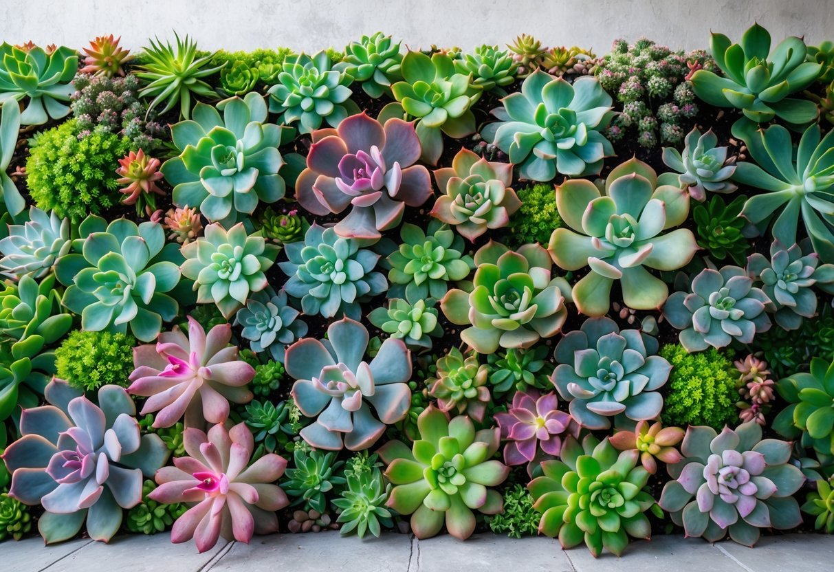 17+ Garden Mural Ideas: Stunning Designs to Transform Your US Backyard 16 A colorful vertical garden mural made up of various succulent plants arranged closely together on a wall.