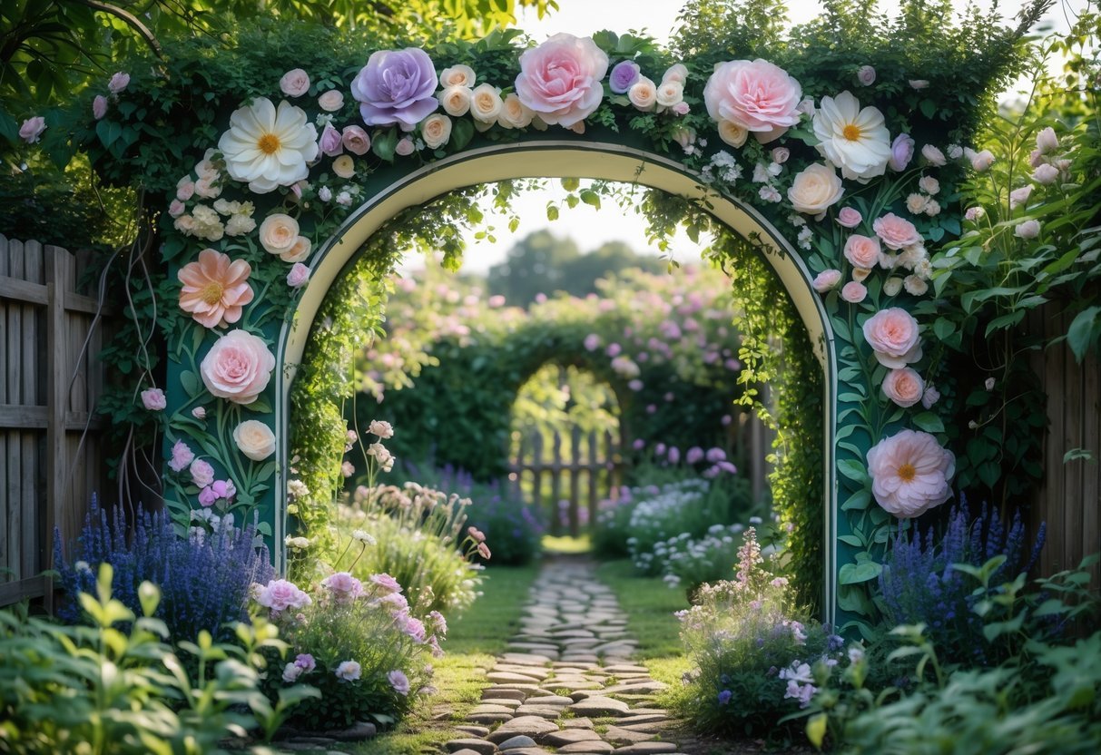 17+ Garden Mural Ideas: Stunning Designs to Transform Your US Backyard 17 A garden scene with a large floral archway mural surrounded by greenery and a cobblestone path leading through it.