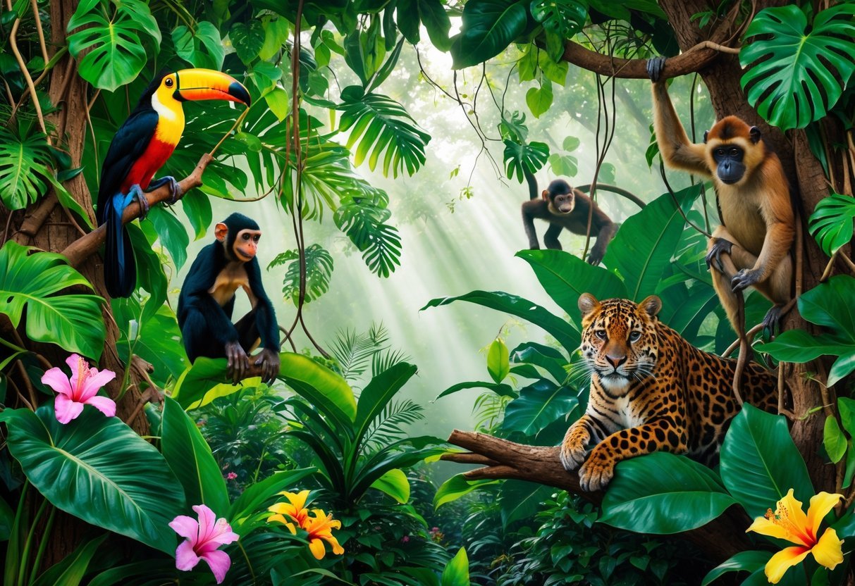 17+ Garden Mural Ideas: Stunning Designs to Transform Your US Backyard 18 A lush jungle scene with tropical plants, a toucan, a monkey, a jaguar, and a tree frog among vibrant flowers and greenery.