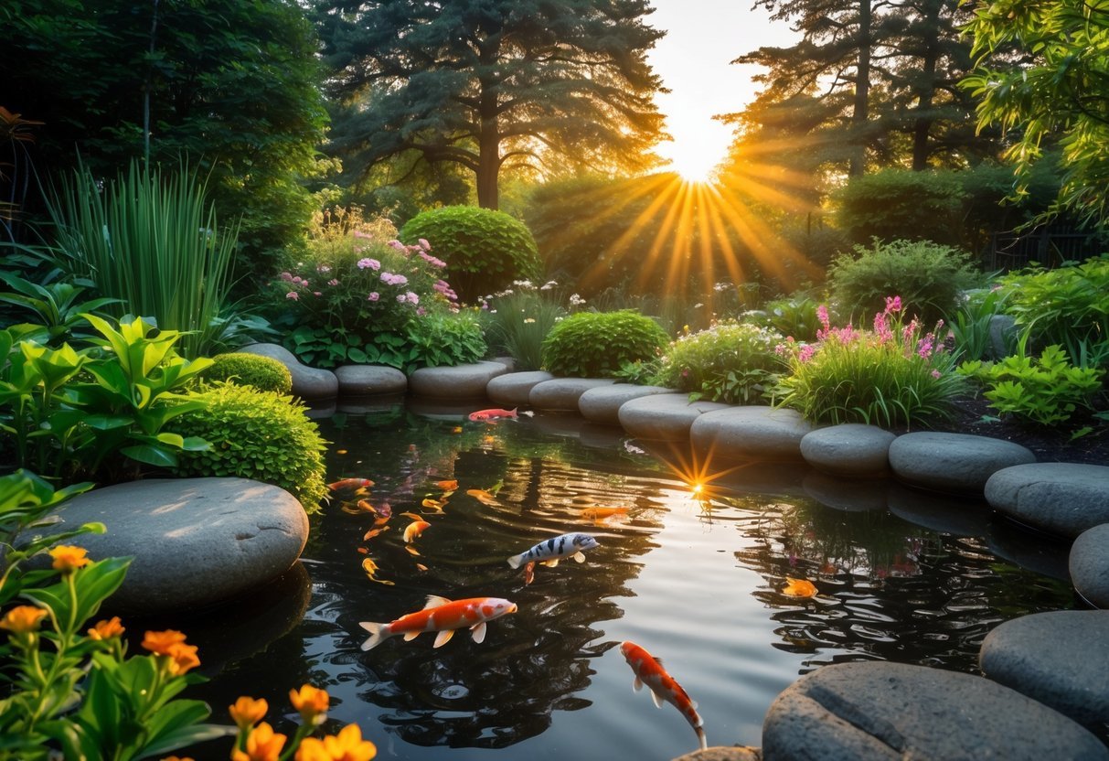 17+ Garden Mural Ideas: Stunning Designs to Transform Your US Backyard 19 A garden pond at sunset surrounded by plants and trees with colorful fish swimming in the water.
