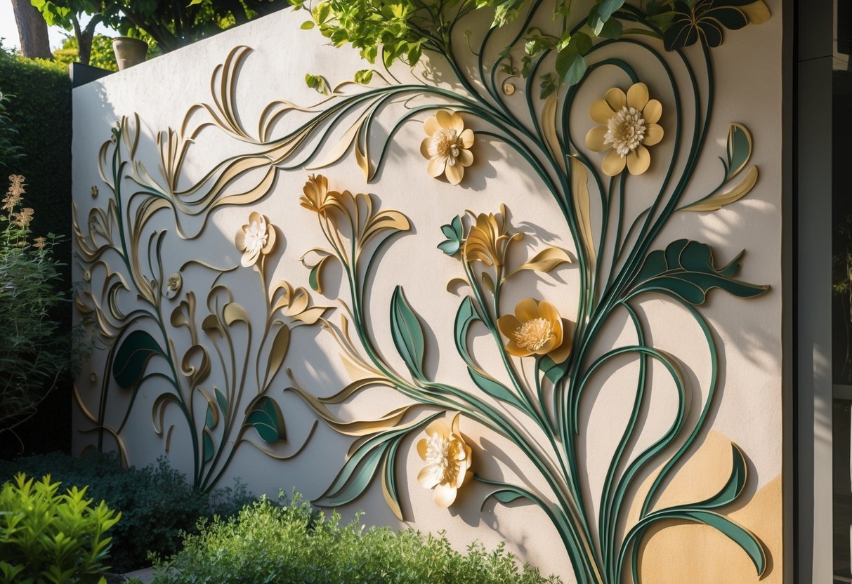 17+ Garden Mural Ideas: Stunning Designs to Transform Your US Backyard 20 A detailed garden mural with flowing floral patterns and leaves on a textured wall surrounded by greenery.