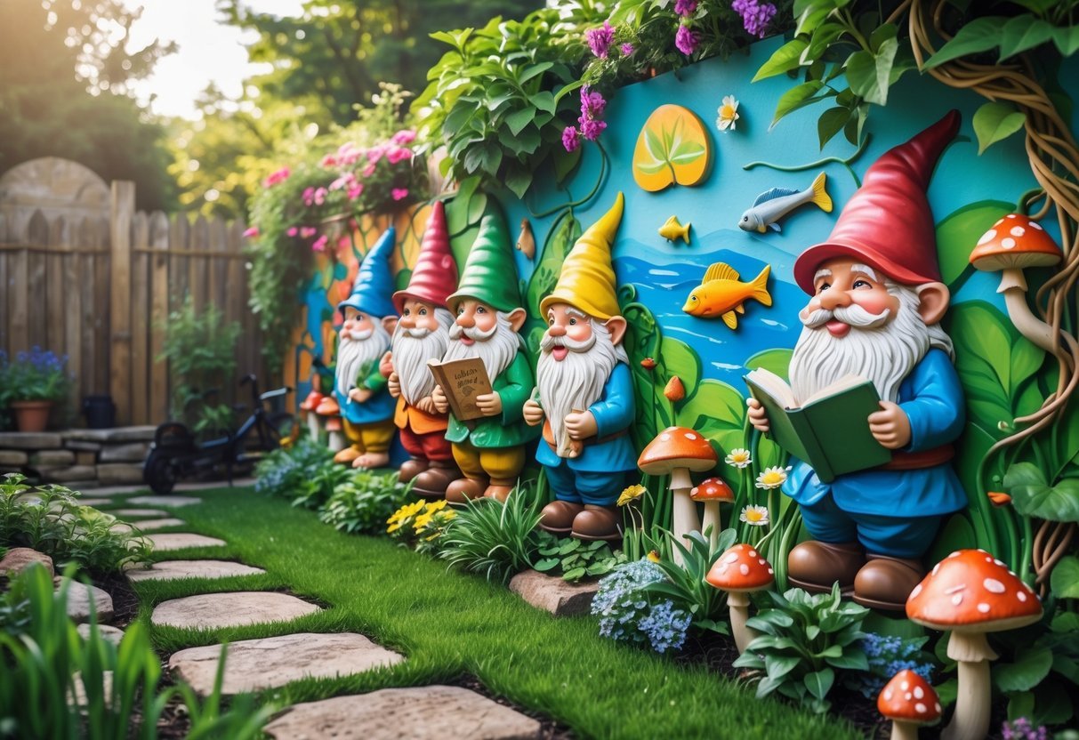 17+ Garden Mural Ideas: Stunning Designs to Transform Your US Backyard 21 A colorful garden mural featuring playful garden gnomes surrounded by flowers, plants, and garden elements.