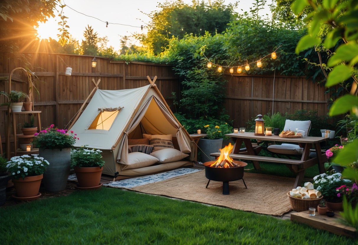 19+ Backyard Camping Corner Garden Ideas: Creative Ways to Transform Your Outdoor Space for Family Fun 2 A backyard garden corner with a small canvas tent, cushions, a campfire pit, wooden picnic table, plants, and fairy lights.