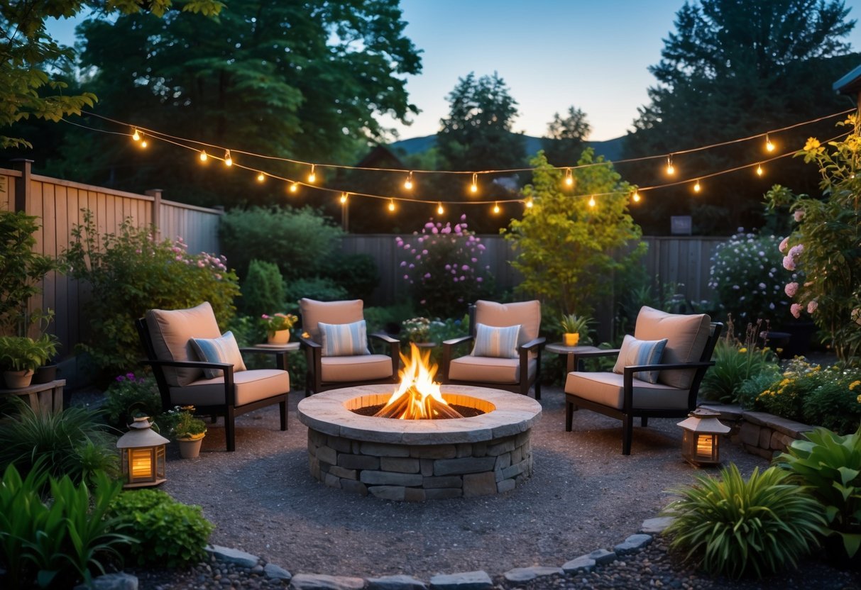 19+ Backyard Camping Corner Garden Ideas: Creative Ways to Transform Your Outdoor Space for Family Fun 3 A backyard corner with a stone fire pit surrounded by outdoor chairs and garden plants under soft evening lighting.