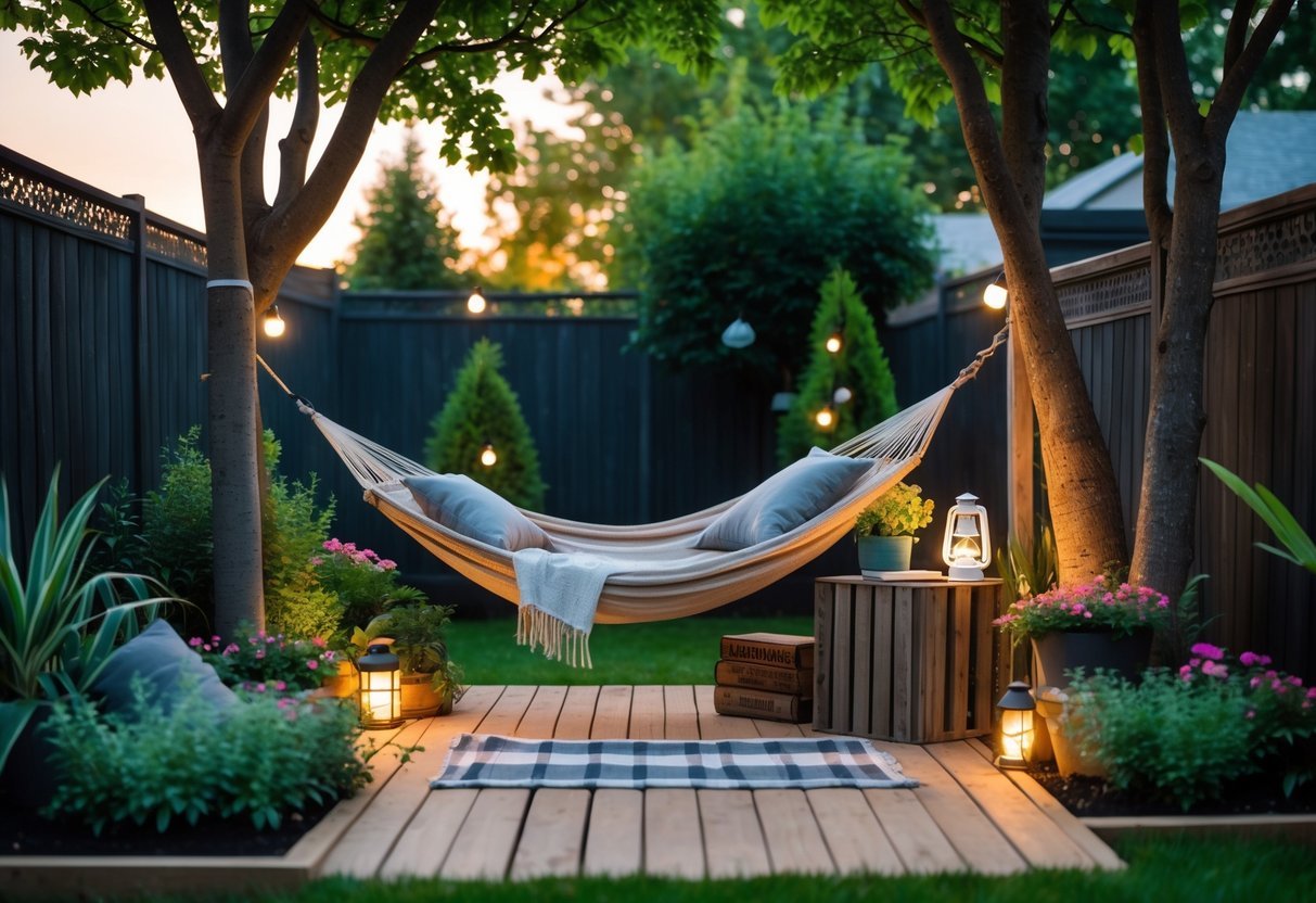 19+ Backyard Camping Corner Garden Ideas: Creative Ways to Transform Your Outdoor Space for Family Fun 4 Backyard corner with a hammock surrounded by plants, garden lights, and camping decorations.