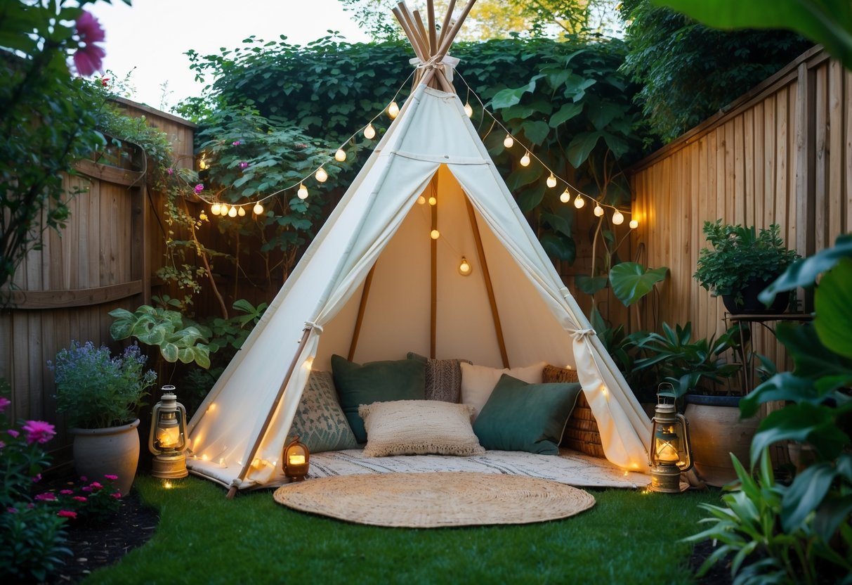 19+ Backyard Camping Corner Garden Ideas: Creative Ways to Transform Your Outdoor Space for Family Fun 5 A backyard garden corner with a cream-colored teepee tent set up on green grass, surrounded by plants, string lights, cushions, and lanterns.