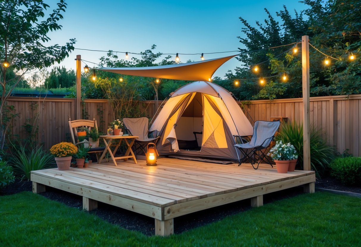19+ Backyard Camping Corner Garden Ideas: Creative Ways to Transform Your Outdoor Space for Family Fun 6 Backyard wooden deck platform with a small camping tent, chairs, and garden plants surrounding the area.