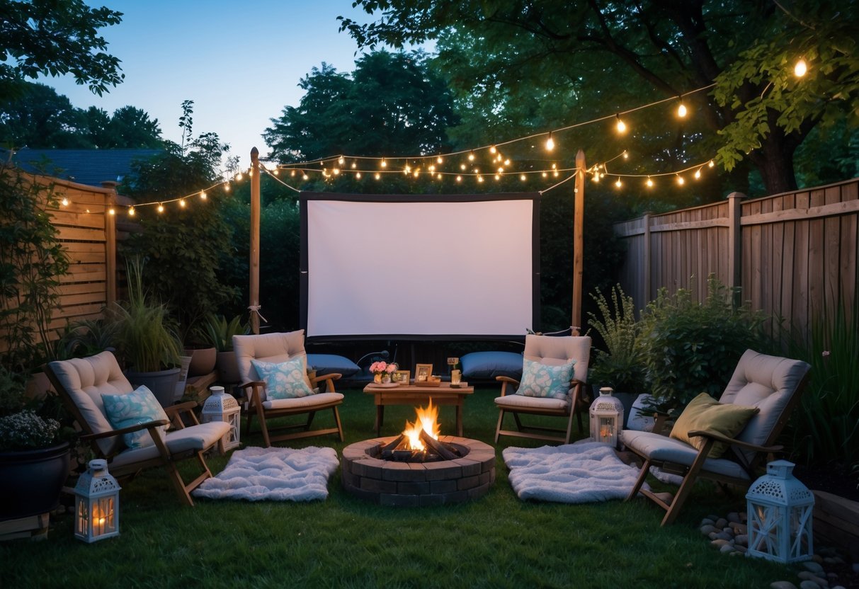 19+ Backyard Camping Corner Garden Ideas: Creative Ways to Transform Your Outdoor Space for Family Fun 7 Backyard garden corner with an outdoor movie screen, camping chairs, blankets, string lights, and a small fire pit set up for an outdoor movie night.