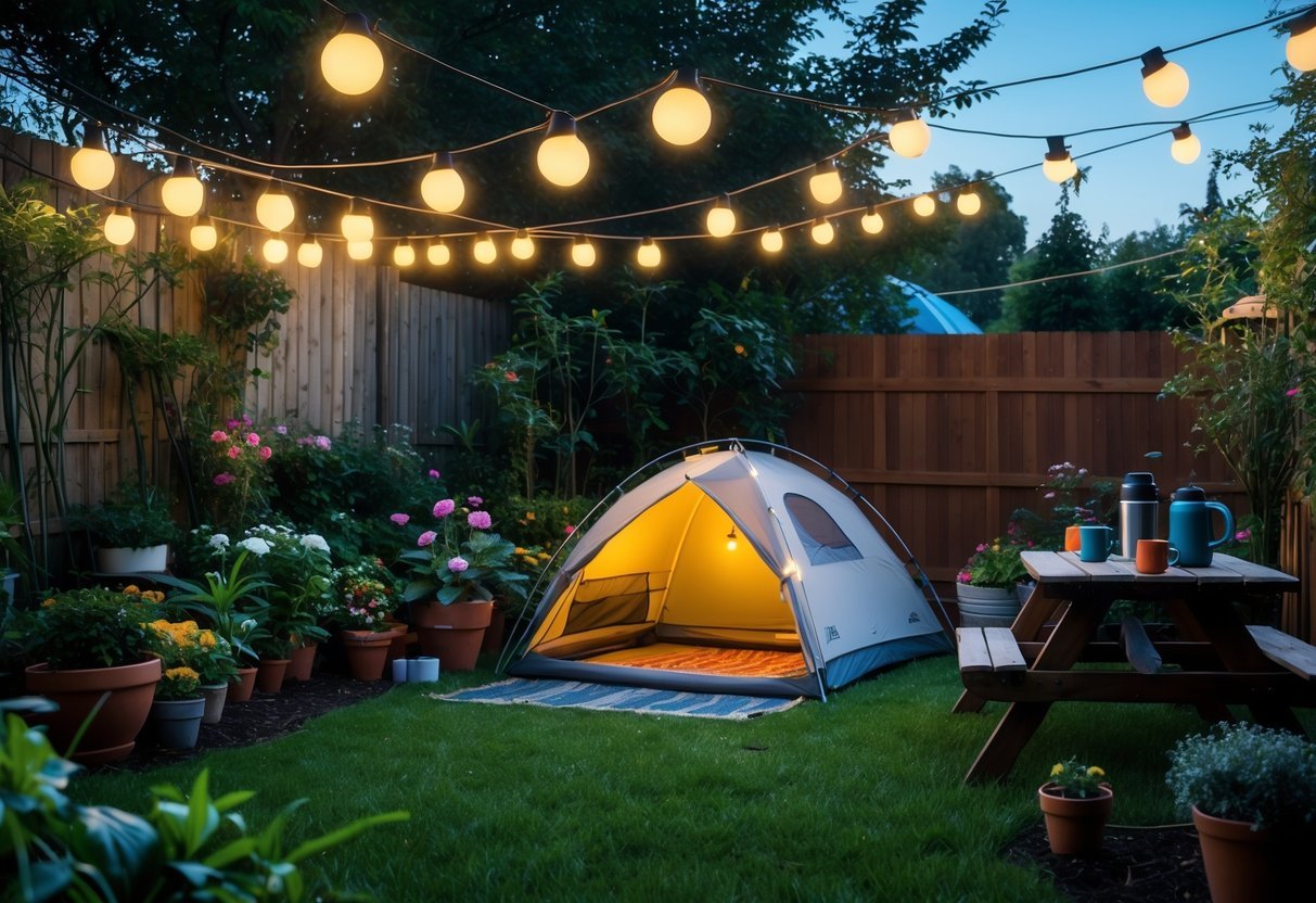 19+ Backyard Camping Corner Garden Ideas: Creative Ways to Transform Your Outdoor Space for Family Fun 8 Backyard camping corner with a small tent, solar-powered string lights glowing, surrounded by plants and garden flowers in the early evening.