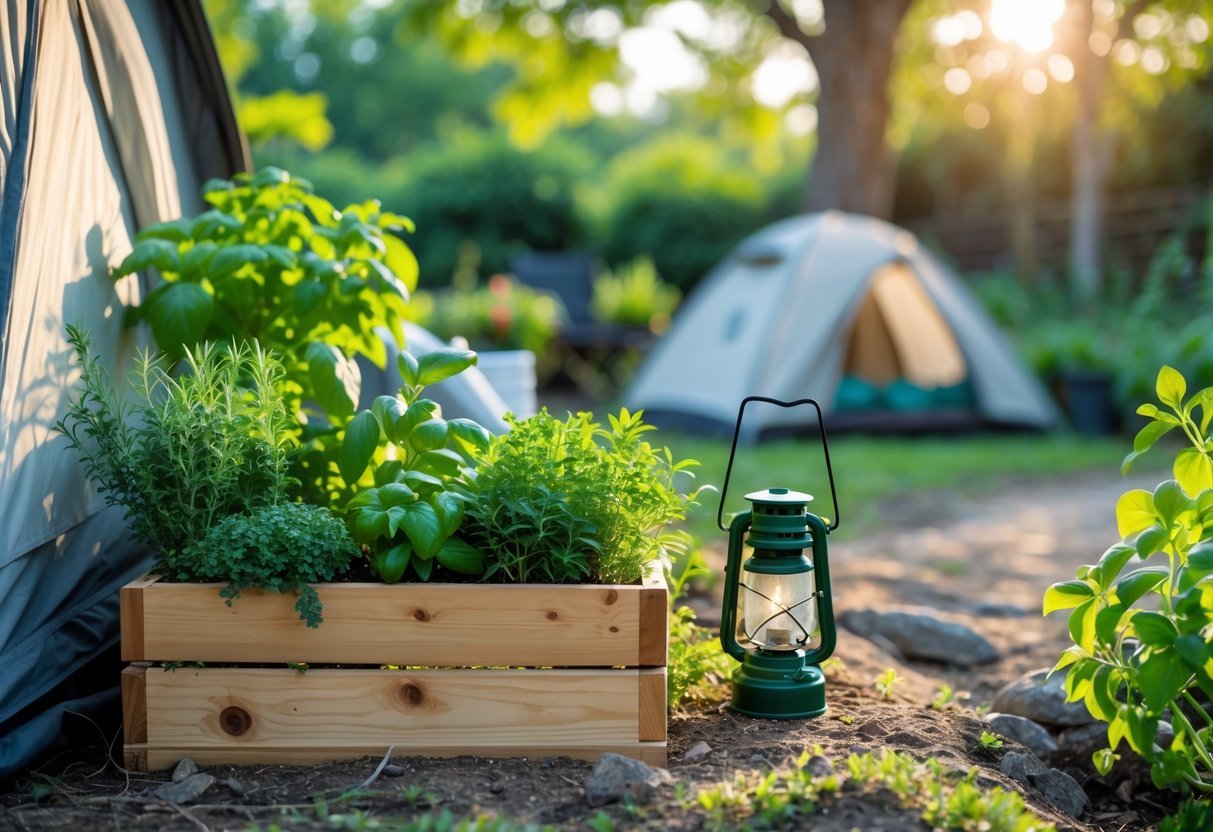 19+ Backyard Camping Corner Garden Ideas: Creative Ways to Transform Your Outdoor Space for Family Fun 9 A backyard corner with a mini herb garden in a wooden planter next to a small camping tent and chair surrounded by green plants.