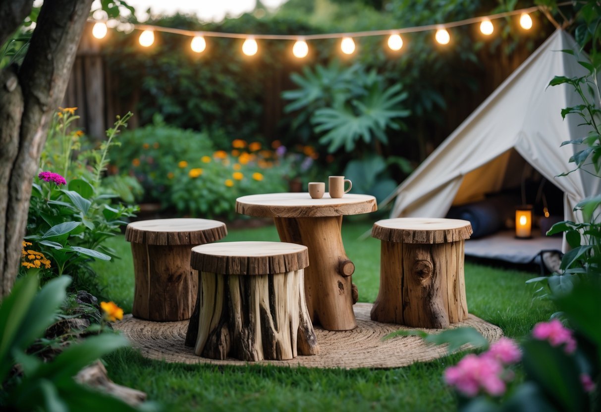 19+ Backyard Camping Corner Garden Ideas: Creative Ways to Transform Your Outdoor Space for Family Fun 10 A backyard garden corner with tree stump stools arranged around a small wooden table surrounded by plants and grass.
