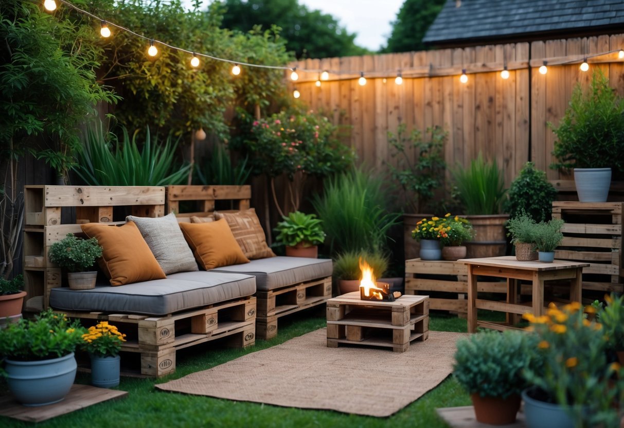 19+ Backyard Camping Corner Garden Ideas: Creative Ways to Transform Your Outdoor Space for Family Fun 11 A backyard corner with wooden pallet seating, cushions, plants, string lights, and a small campfire creating a cozy outdoor space.