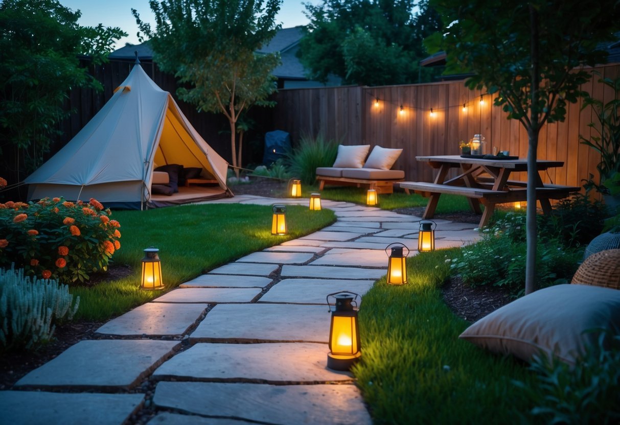 19+ Backyard Camping Corner Garden Ideas: Creative Ways to Transform Your Outdoor Space for Family Fun 12 A backyard camping corner with a stone pathway lit by lanterns, surrounded by garden plants, a tent, and camping gear.