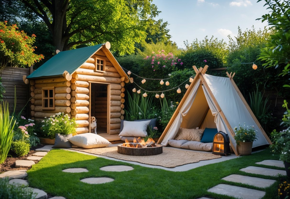 19+ Backyard Camping Corner Garden Ideas: Creative Ways to Transform Your Outdoor Space for Family Fun 13 A backyard corner with a log cabin playhouse surrounded by garden plants, a small tent, cushions, and camping accessories.