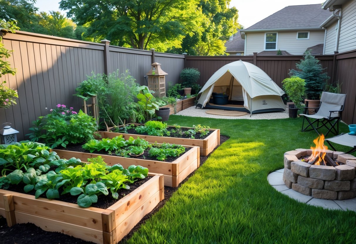 19+ Backyard Camping Corner Garden Ideas: Creative Ways to Transform Your Outdoor Space for Family Fun 14 Backyard corner with raised wooden garden beds filled with plants and a small camping setup including a tent and campfire pit.