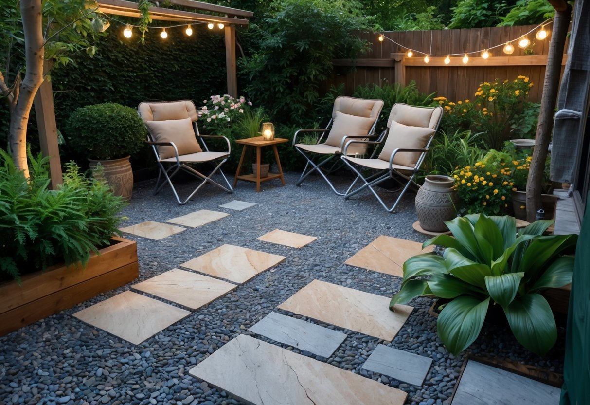 19+ Backyard Camping Corner Garden Ideas: Creative Ways to Transform Your Outdoor Space for Family Fun 15 Backyard camping corner with gravel and stone flooring, outdoor chairs, a small table, and surrounding garden plants.