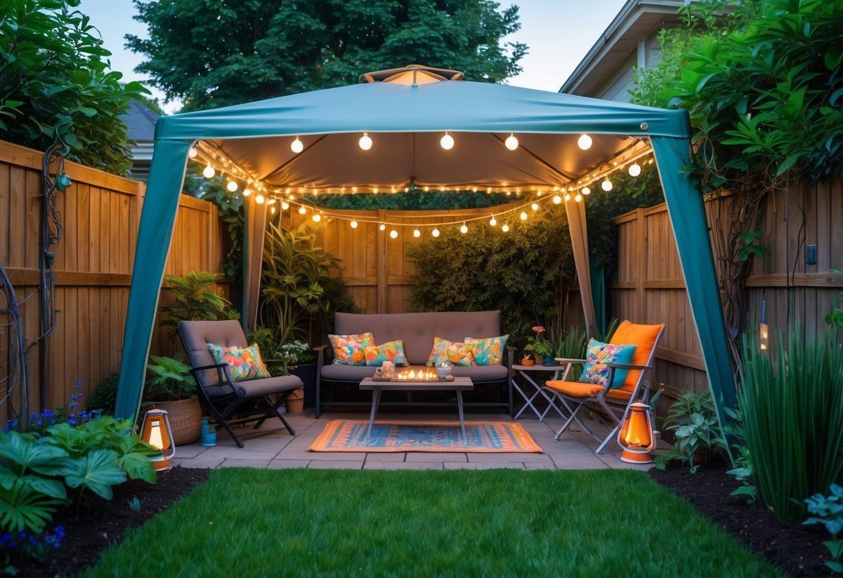 19+ Backyard Camping Corner Garden Ideas: Creative Ways to Transform Your Outdoor Space for Family Fun 16 Backyard corner with a shaded canopy area, outdoor seating, camping gear, and surrounding garden plants.