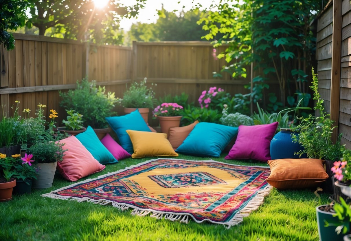 19+ Backyard Camping Corner Garden Ideas: Creative Ways to Transform Your Outdoor Space for Family Fun 17 A backyard garden corner with a colorful outdoor rug and cushions arranged on grass surrounded by plants and trees.