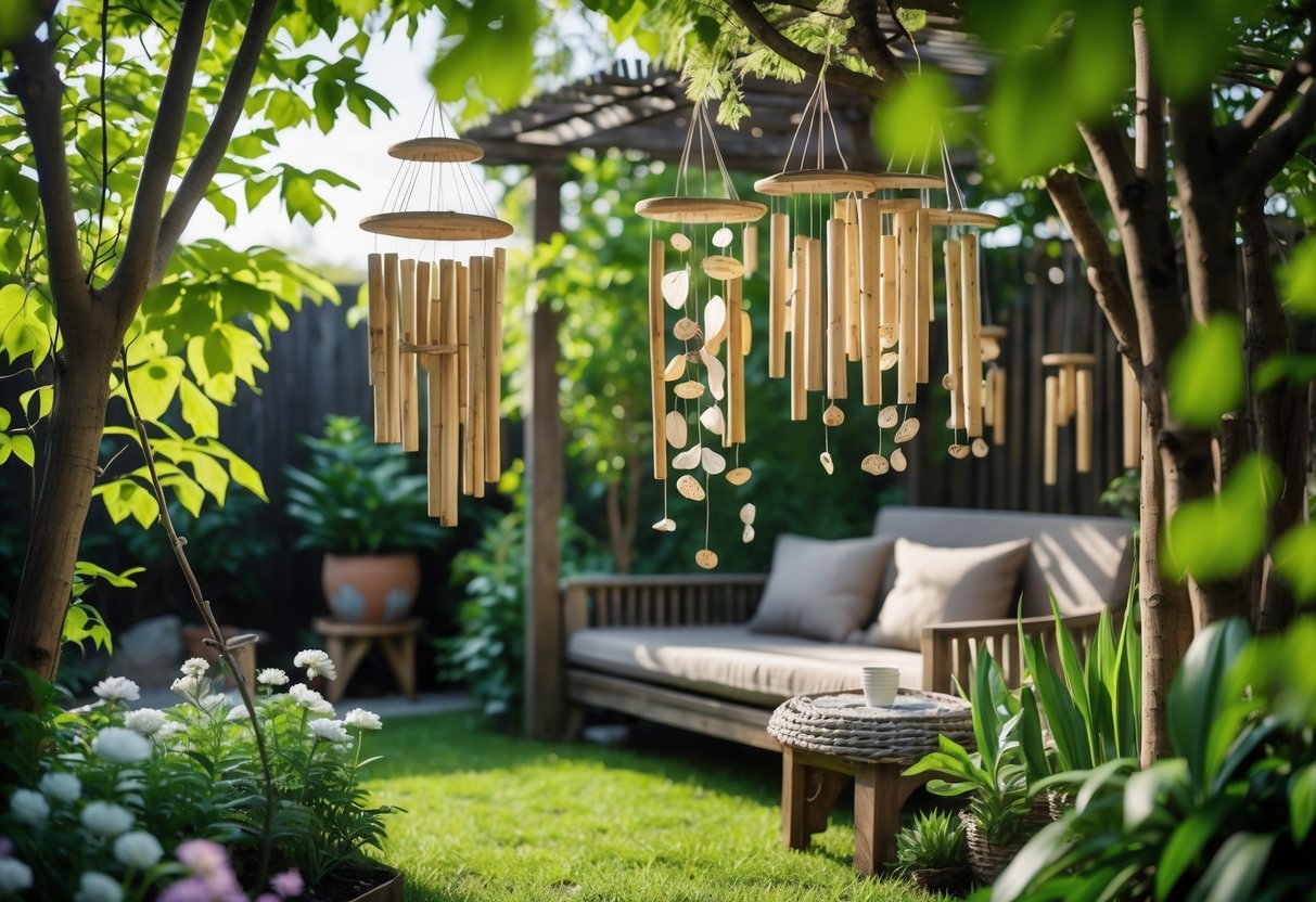 19+ Backyard Camping Corner Garden Ideas: Creative Ways to Transform Your Outdoor Space for Family Fun 18 A backyard garden corner with green plants, wooden seating, and nature-inspired wind chimes hanging from trees and a pergola.