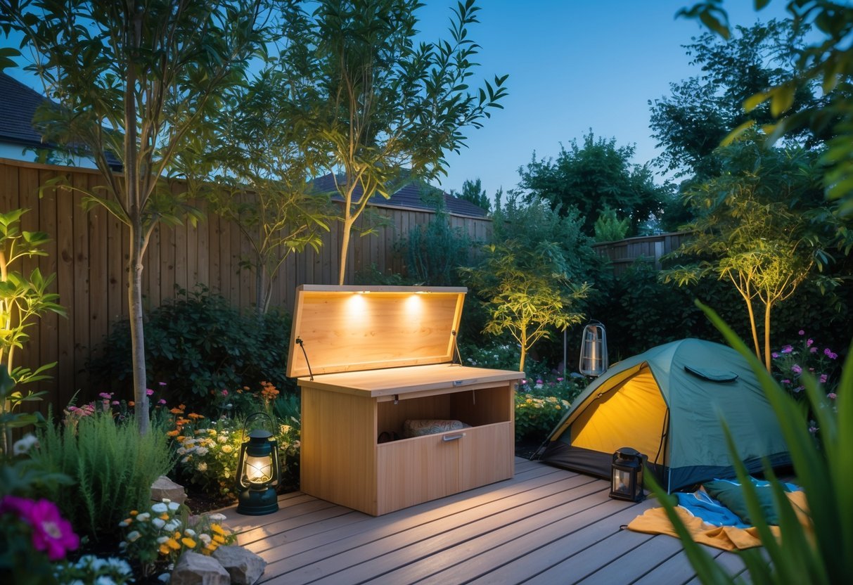 19+ Backyard Camping Corner Garden Ideas: Creative Ways to Transform Your Outdoor Space for Family Fun 19 A backyard garden corner with a wooden bench that has hidden storage, surrounded by plants and camping gear.