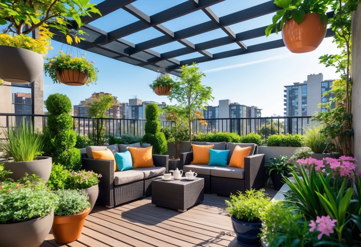 21+ Apartment Patio Garden Ideas: Easy Tips for Small Space Urban Dwellers in the US 2 Apartment patio garden with outdoor seating, various green plants, and a cityscape in the background.