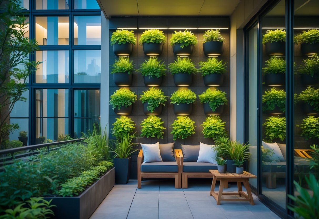 21+ Apartment Patio Garden Ideas: Easy Tips for Small Space Urban Dwellers in the US 3 Apartment patio with vertical gardens on the walls, outdoor seating, and potted plants.