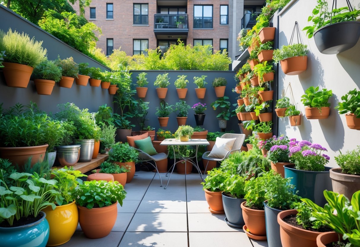 21+ Apartment Patio Garden Ideas: Easy Tips for Small Space Urban Dwellers in the US 4 An apartment patio with various colorful pots containing herbs, flowers, and vegetables arranged around outdoor seating, creating a small urban garden.