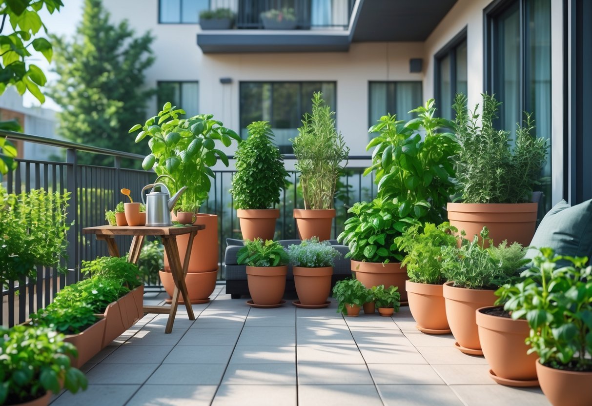 21+ Apartment Patio Garden Ideas: Easy Tips for Small Space Urban Dwellers in the US 5 Apartment patio with various potted herb plants arranged around outdoor seating and a small table.