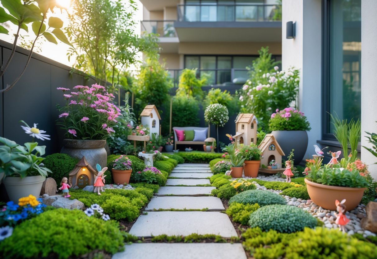 21+ Apartment Patio Garden Ideas: Easy Tips for Small Space Urban Dwellers in the US 6 An apartment patio decorated with miniature plants, fairy figurines, tiny houses, and small garden accessories creating a charming outdoor garden space.