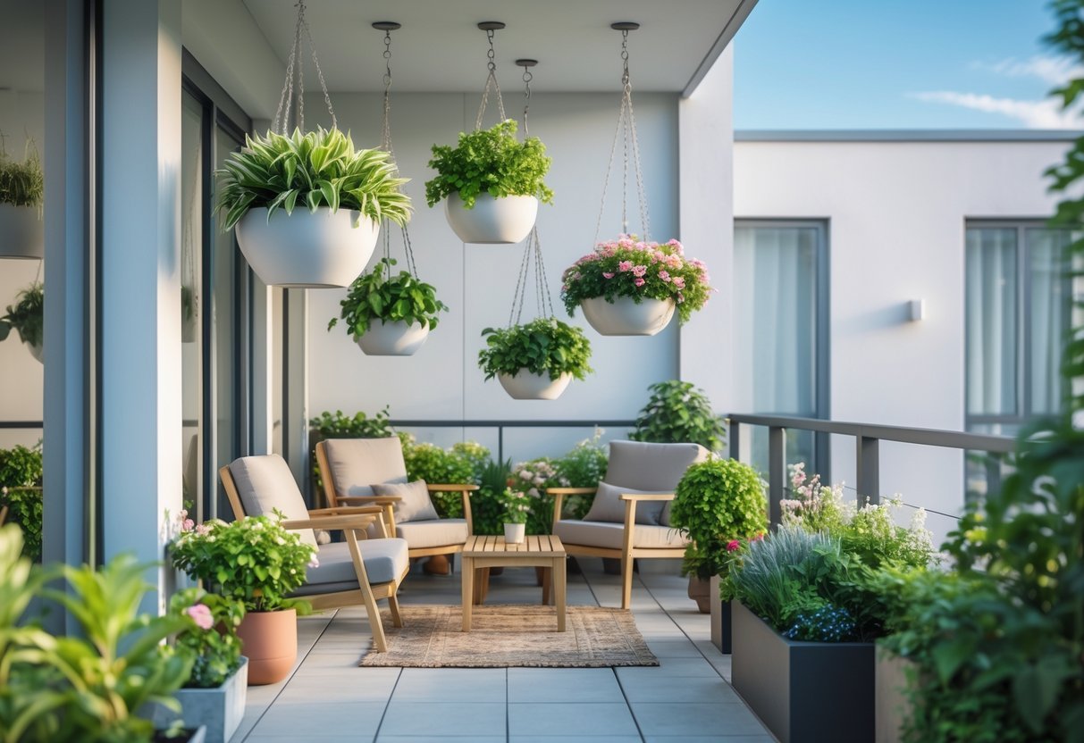 21+ Apartment Patio Garden Ideas: Easy Tips for Small Space Urban Dwellers in the US 7 Apartment patio with several hanging planters filled with green plants and flowers, outdoor furniture, and a clear sky.