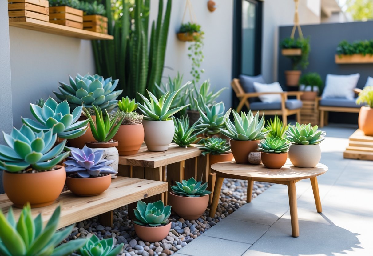 21+ Apartment Patio Garden Ideas: Easy Tips for Small Space Urban Dwellers in the US 8 An apartment patio garden with various potted succulents arranged on shelves and a table, surrounded by outdoor seating and decorative elements.